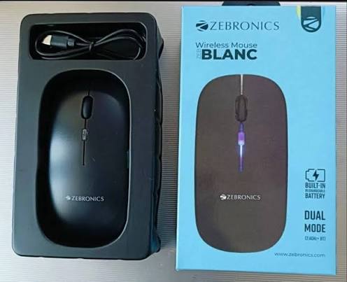 ZEBRONICS Blanc Slim Wireless Mouse with Rechargeable Battery, BT + 2.4GHz, 4 Buttons, 800/1200/1600 DPI, Silent Operation, Multicolor LED Lights